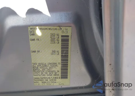 2015 Nissan Altima 2.5/2.5 S/2.5 Sl/2.5 Sv z USA, uszkodzony, nr VIN 1N4AL3AP9FN872803